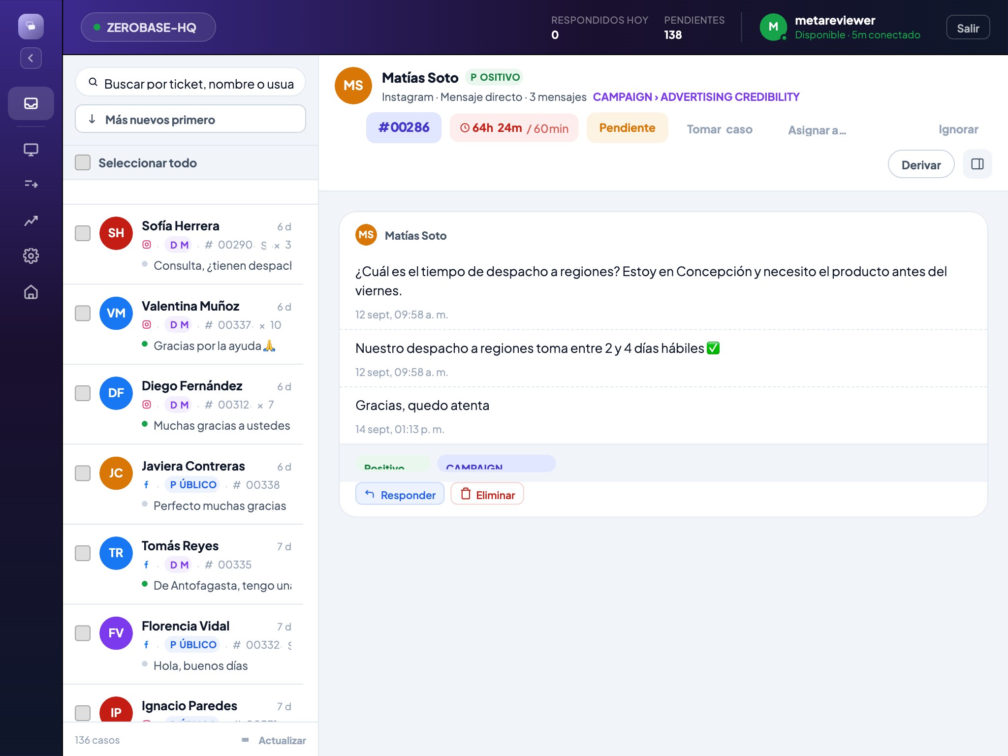 Bandeja de Inbox: lista de conversaciones y un hilo de Instagram abierto